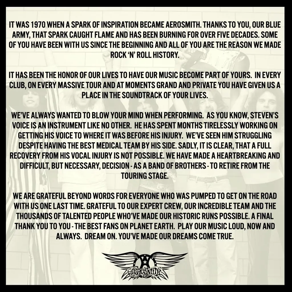 Este fue el comunicado con el que la banda de rock se despidió de los escenarios. Imagen: @Aerosmith.