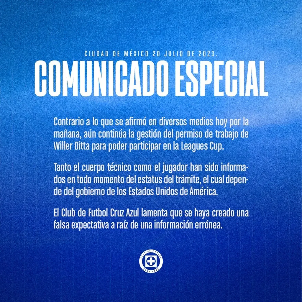 Comunicado oficial de Cruz Azul.