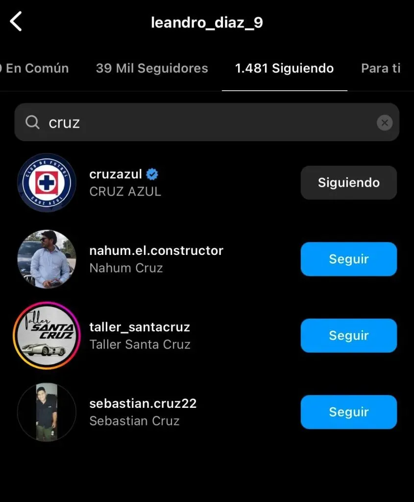 Leandro Díaz sigue a Cruz Azul en Instagram