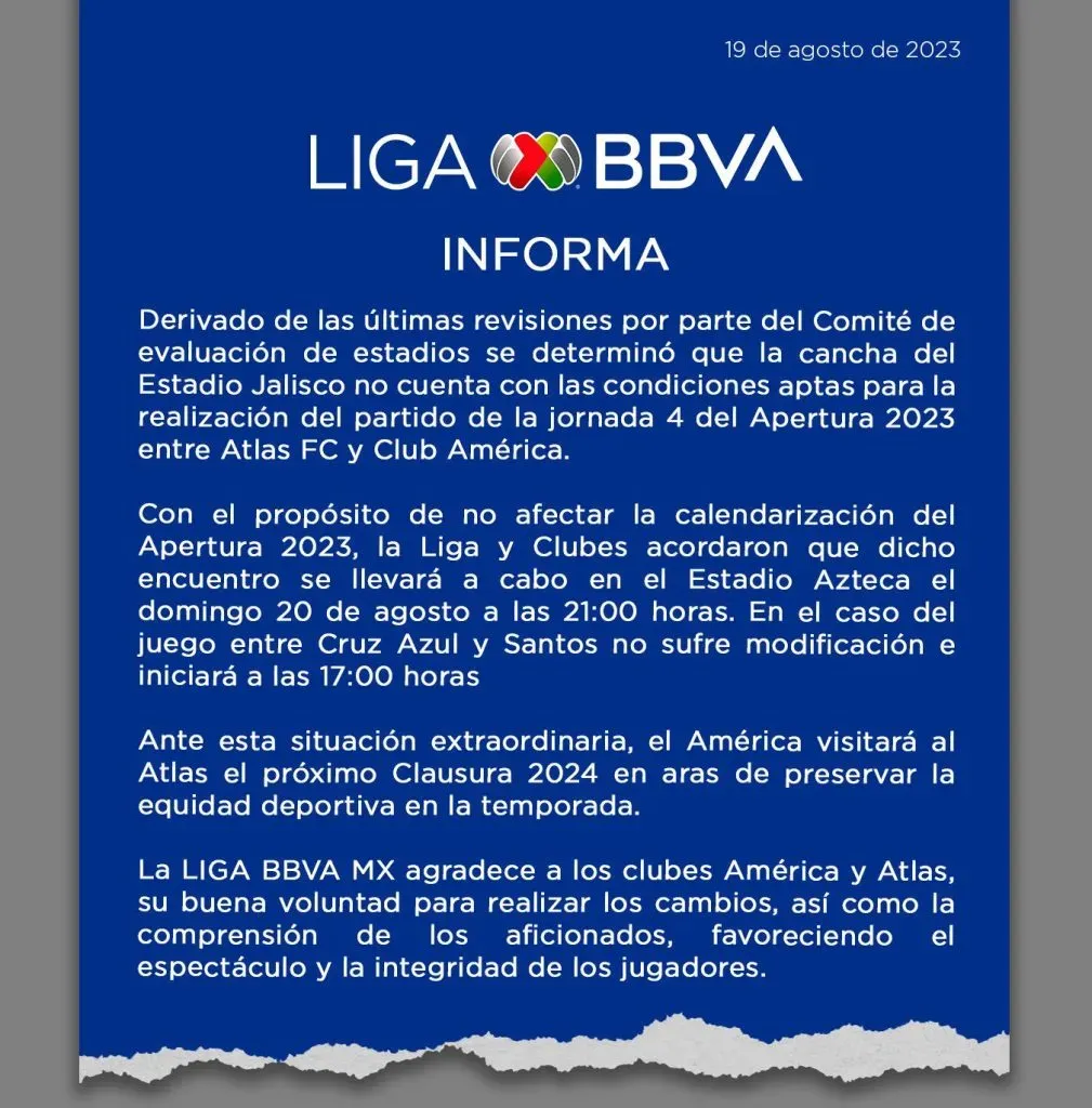 El comunicado oficial de la Liga MX.