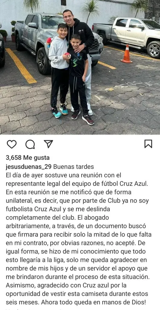 Nuevo posteo de Jesús Dueñas contra Cruz Azul. (@jesusduenas_29)