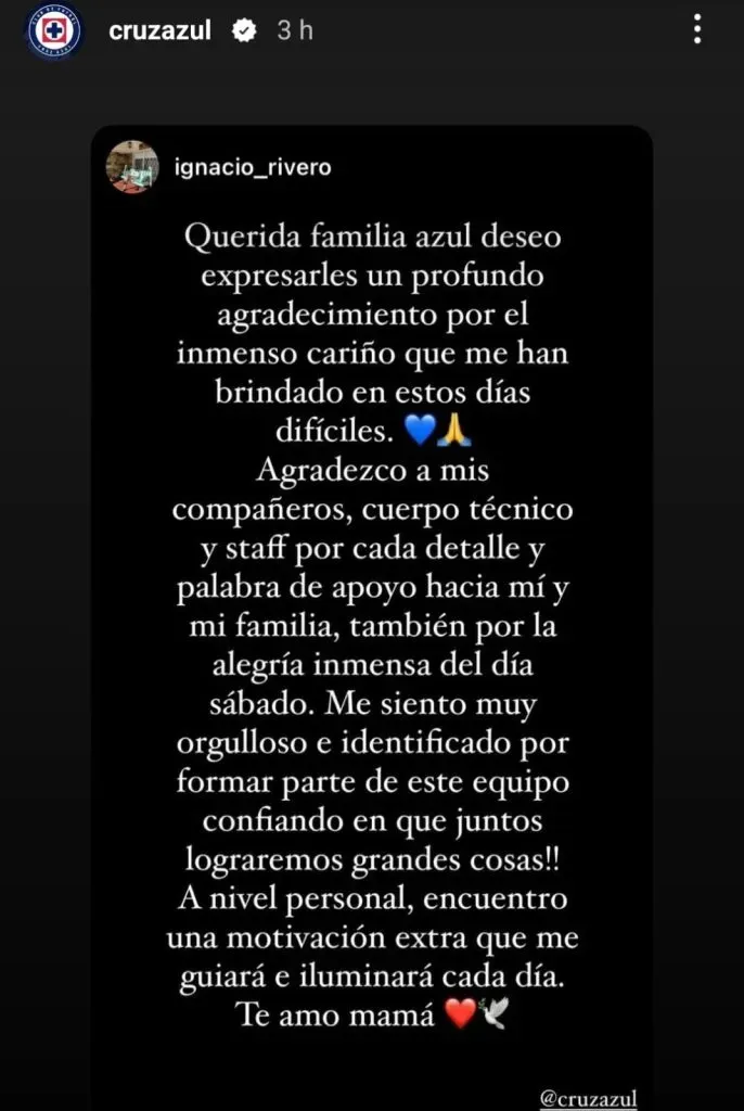 Mensaje de Nacho Rivero tras el fallecimiento de su madre. (Instagram @CruzAzul)