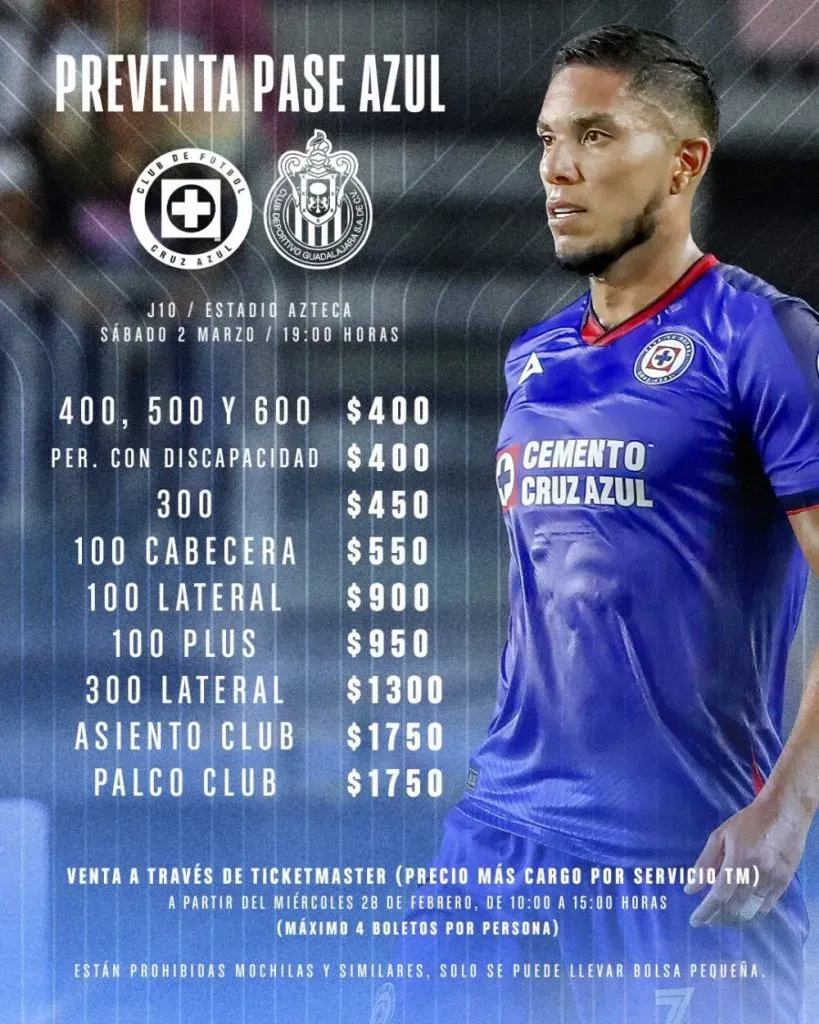 Los precios para el partido contra Chivas. (Foto: Cruz Azul)