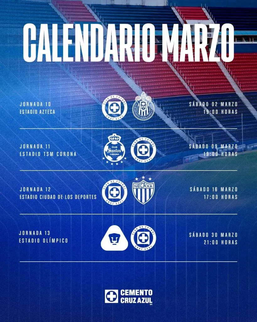 Calendario de marzo. (Foto: Cruz Azul)