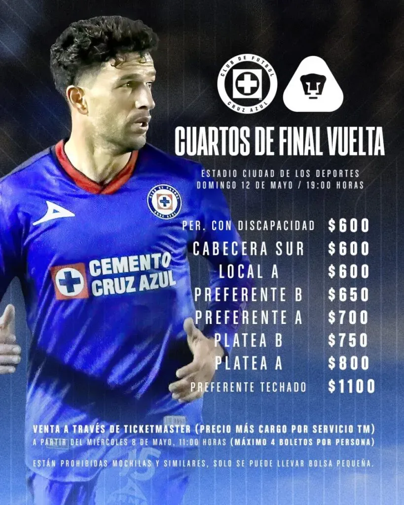 Costo de los boletos para el Cruz Azul vs. Pumas.