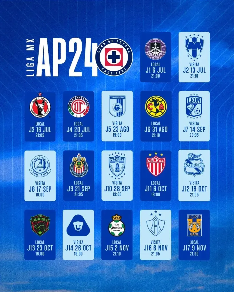 Calendario completo de Cruz Azul. (Foto: Cruz Azul)