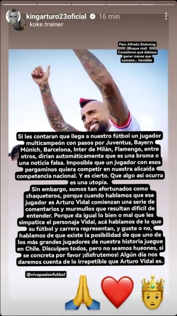 La crítica a Blanco y Negro compartida por Arturo Vidal. Imagen: Historias del Instagram de Arturo Vidal