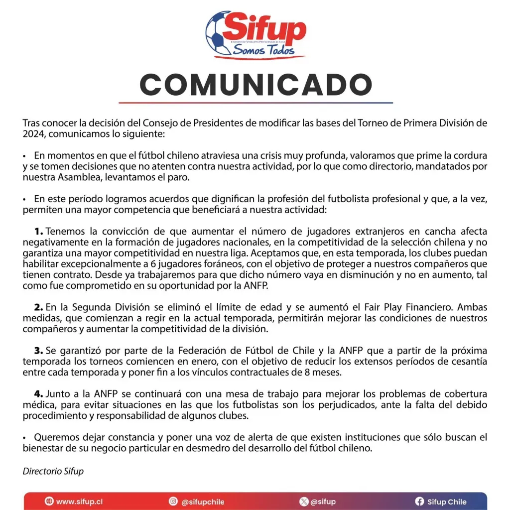 Sifup puso fin al paro y el Campeonato Nacional comenzará normalmente.