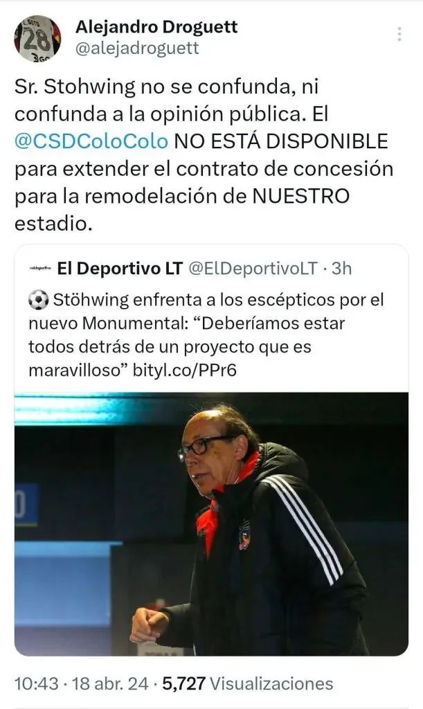 La publicación del vicepresidente del CSD Colo Colo.