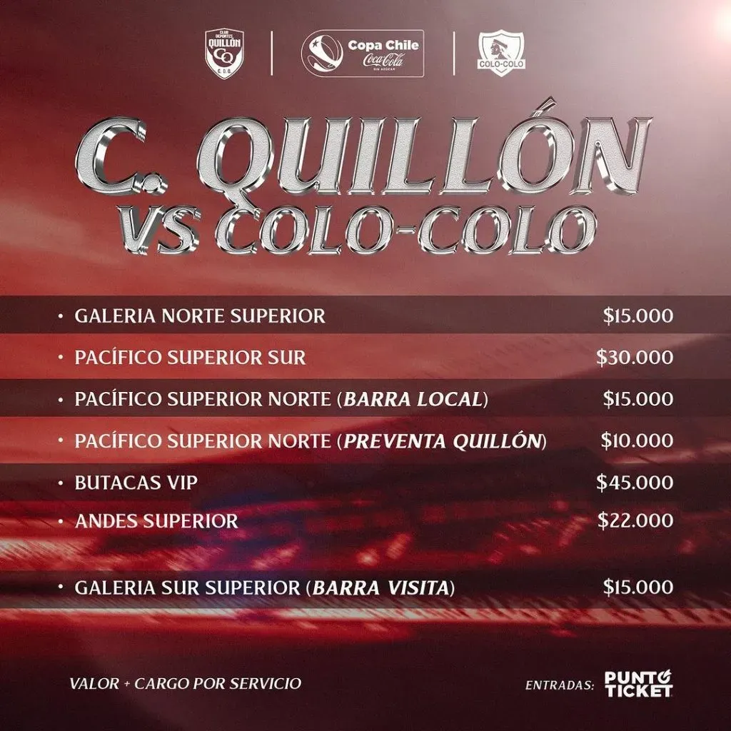 Precios y ubicaciones de las entradas para Colo Colo vs Deportes Quillón. (Foto: clubdeportesquillon)