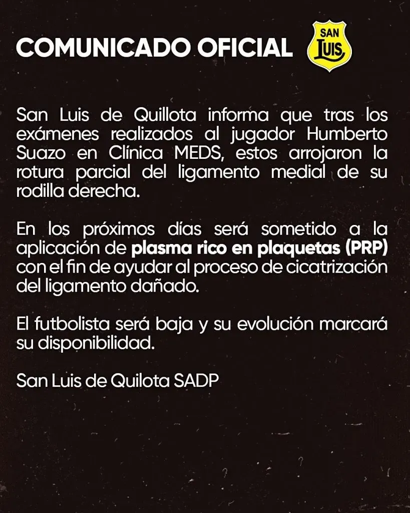 Comunicado de San Luis de Quillota por lesión de Humberto Suazo. (Foto: @sanluis_qta)