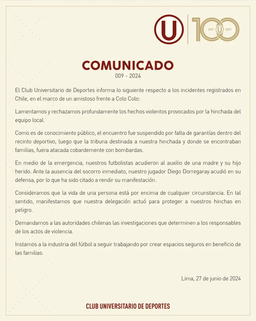 Comunicado de Universitario de Perú tras suspensión de amistoso vs Colo Colo.