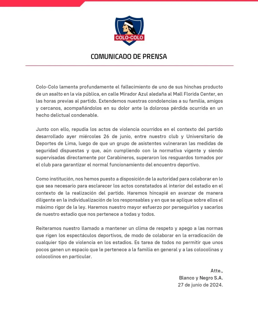 Comunicado de Colo Colo tras hechos de violencia en amistoso vs Universitario.