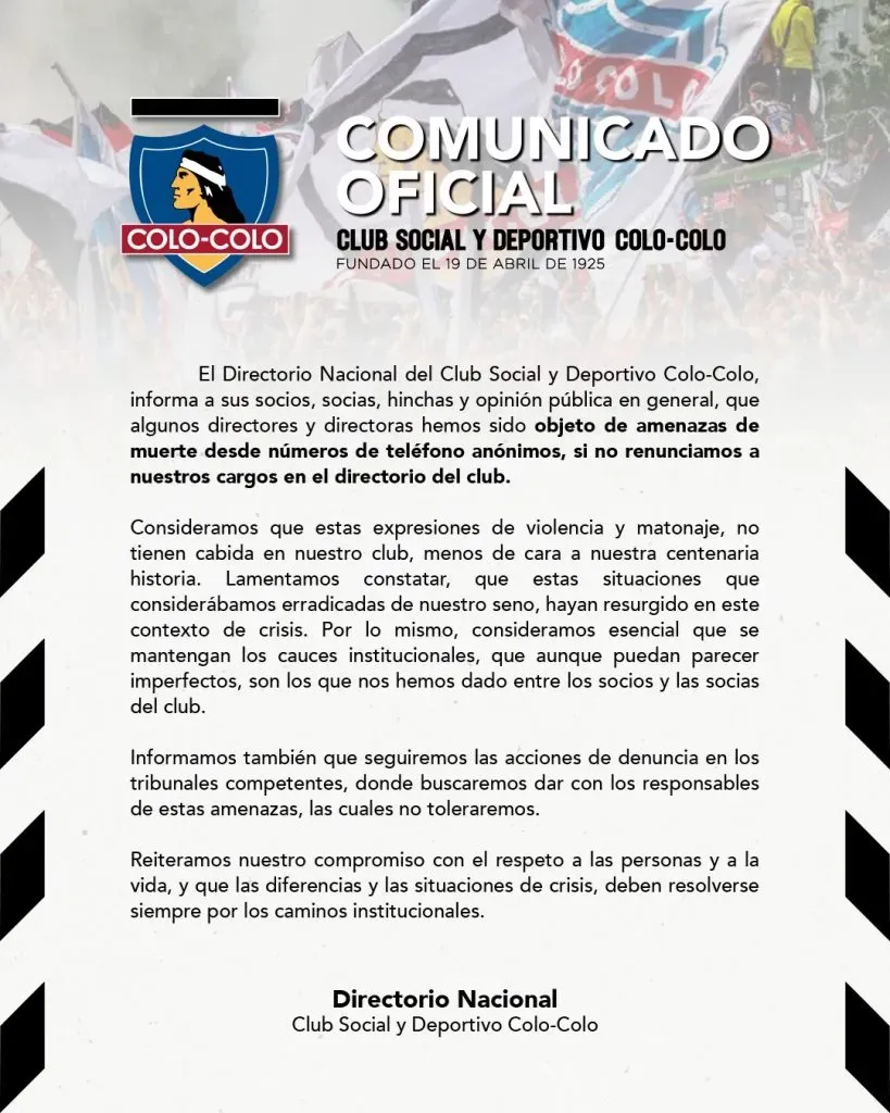 Comunicado del Directorio Nacional del CSD Colo Colo.