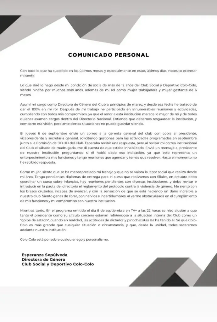 Comunicado de la Directora de Género del CSD Colo Colo.