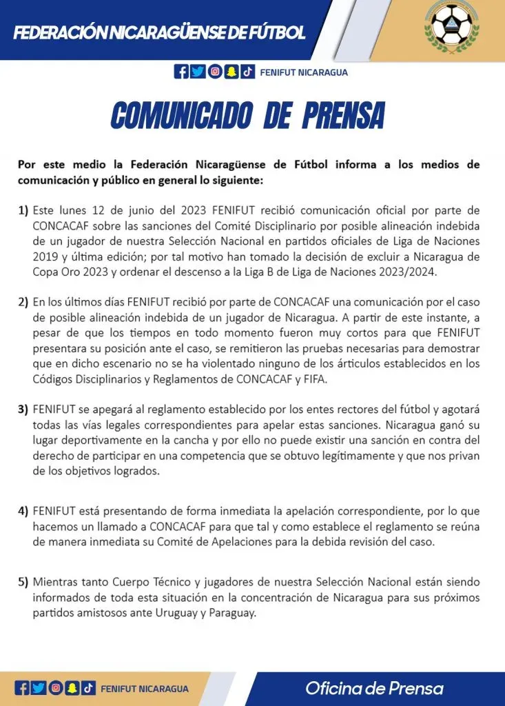 El comunicado de Fenifut tras el veto a Nicaragua de la Copa Oro 2023 (Foto: Fenifut)