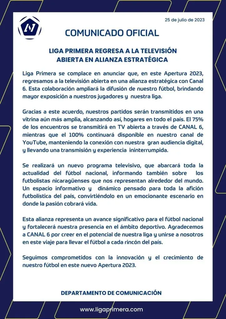 El comunicado de la Liga Primera de Nicaragua
