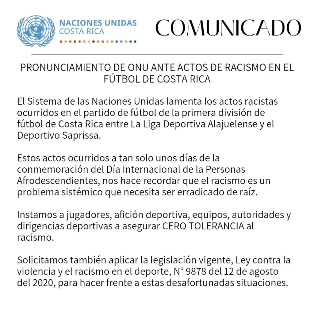 El comunicado de la ONU sobre lo ocurrido en el Morera Soto.