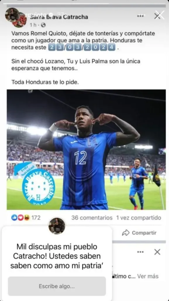 Romell Quioto y su publicación en las redes sociales.