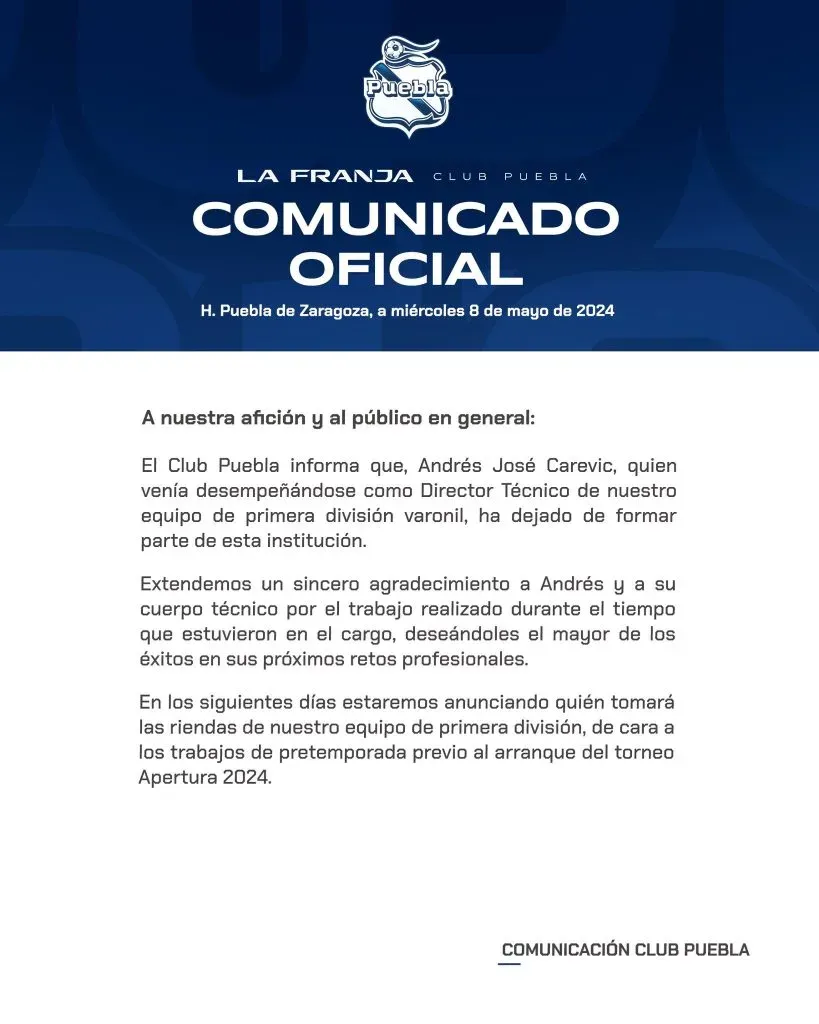 Comunicado oficial del Puebla