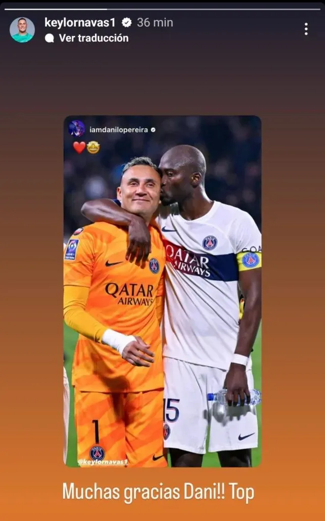 La publicación de Danilo Pereira y la respuesta de Keylor Navas. (Foto: Instagram)