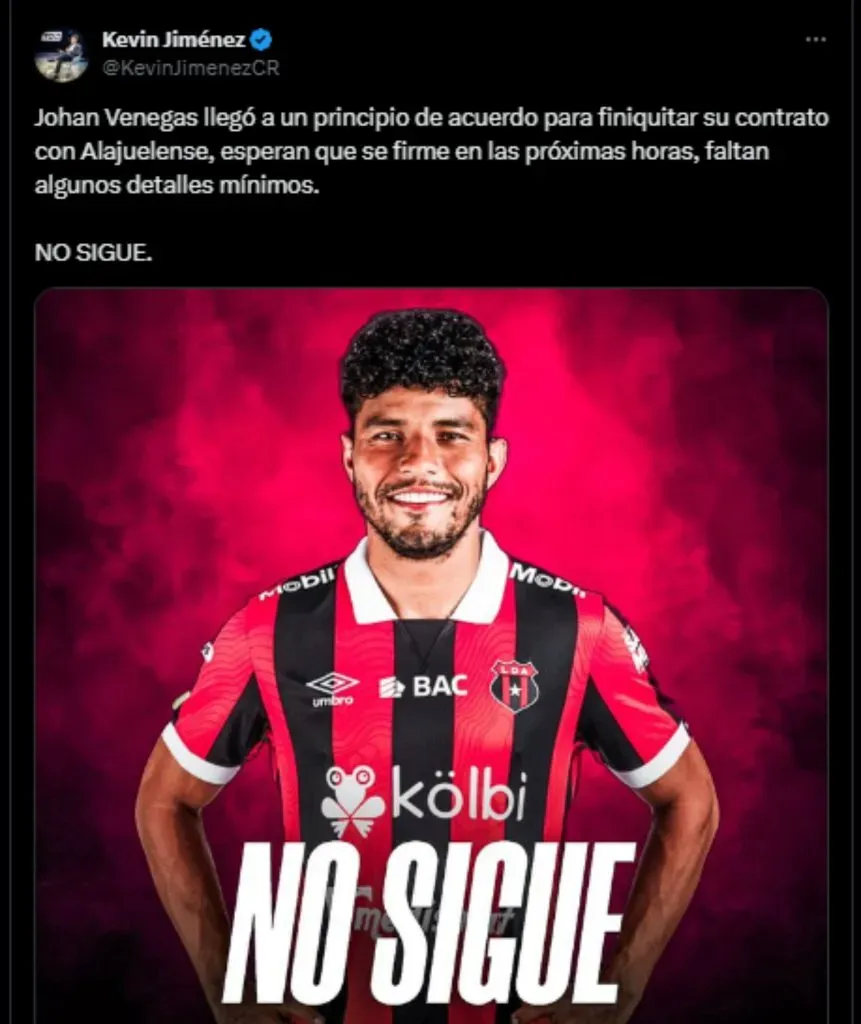 Johan Venegas no continuará jugando en Alajuelense. (Foto: X)