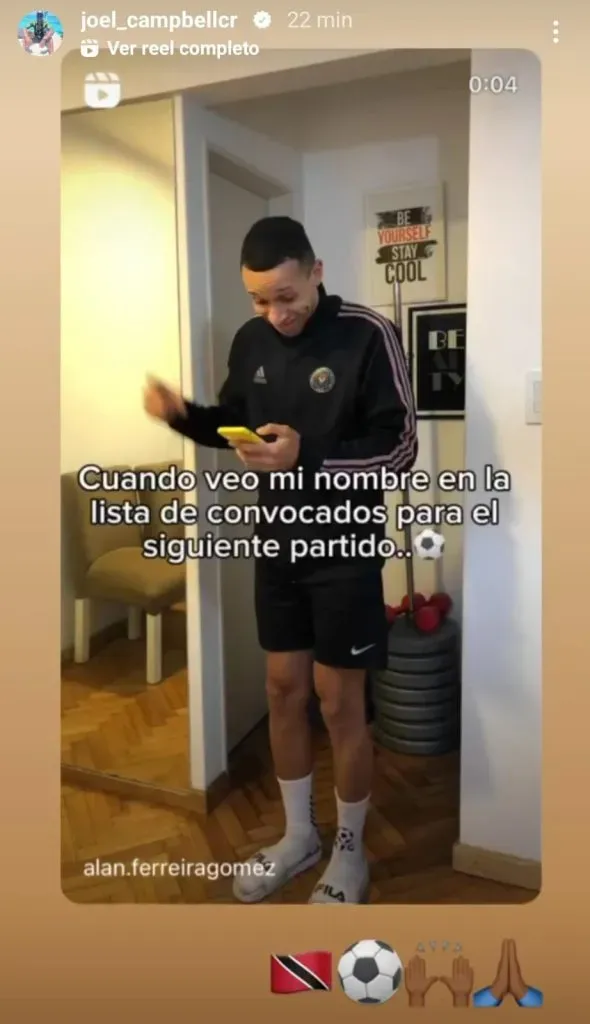 La imagen que subió Campbell para festejar su primera convocatoria en Goianiense. (Instagram)