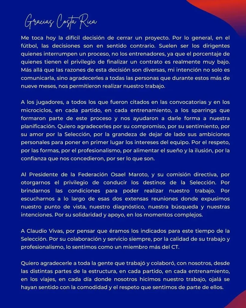 La primera página del comunicado de Gustavo Alfaro. (Instagram)