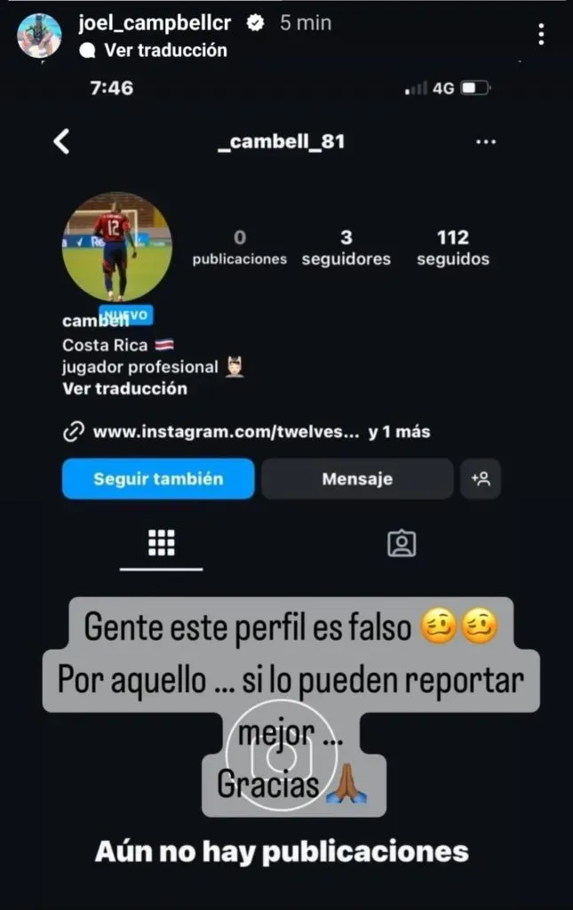 El mensaje de Joel Campbell desde su cuenta oficial de Instagram.