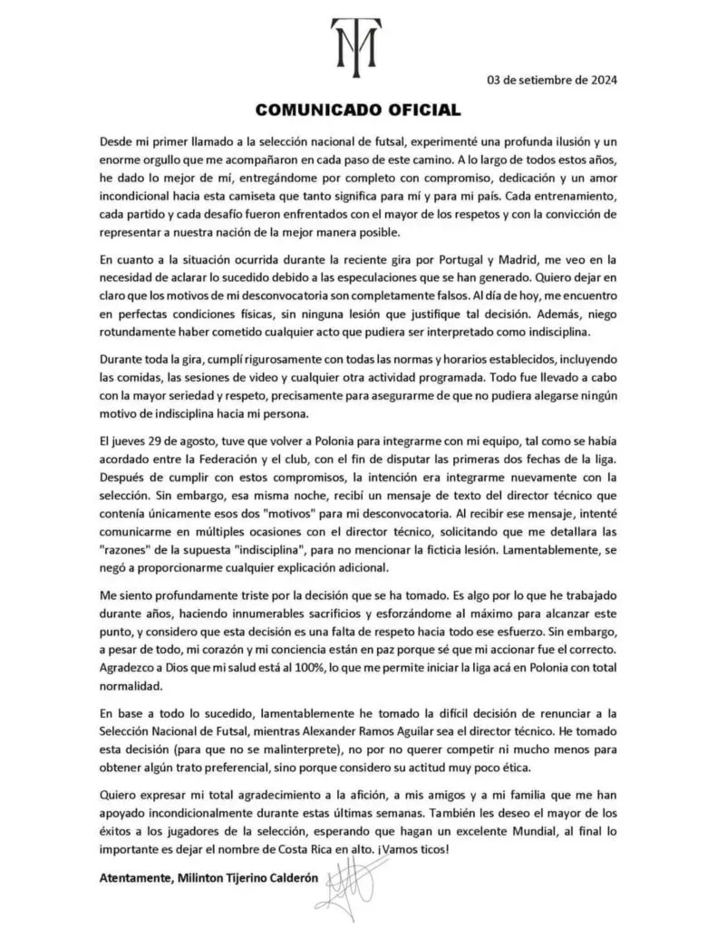 Comunicado de Tijerino sobre su renuncia a la Selección de Costa Rica.