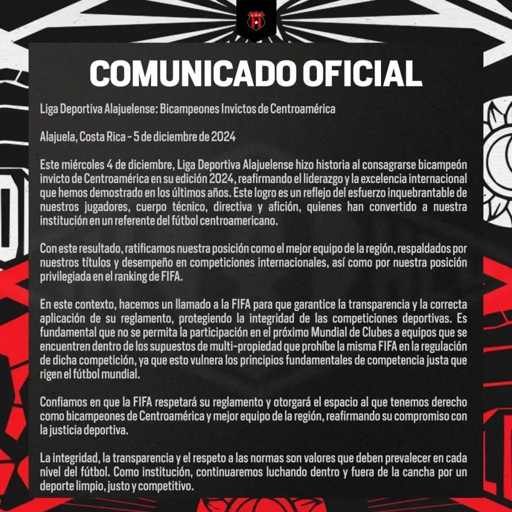 El comunicado de Alajuelense (LDA).