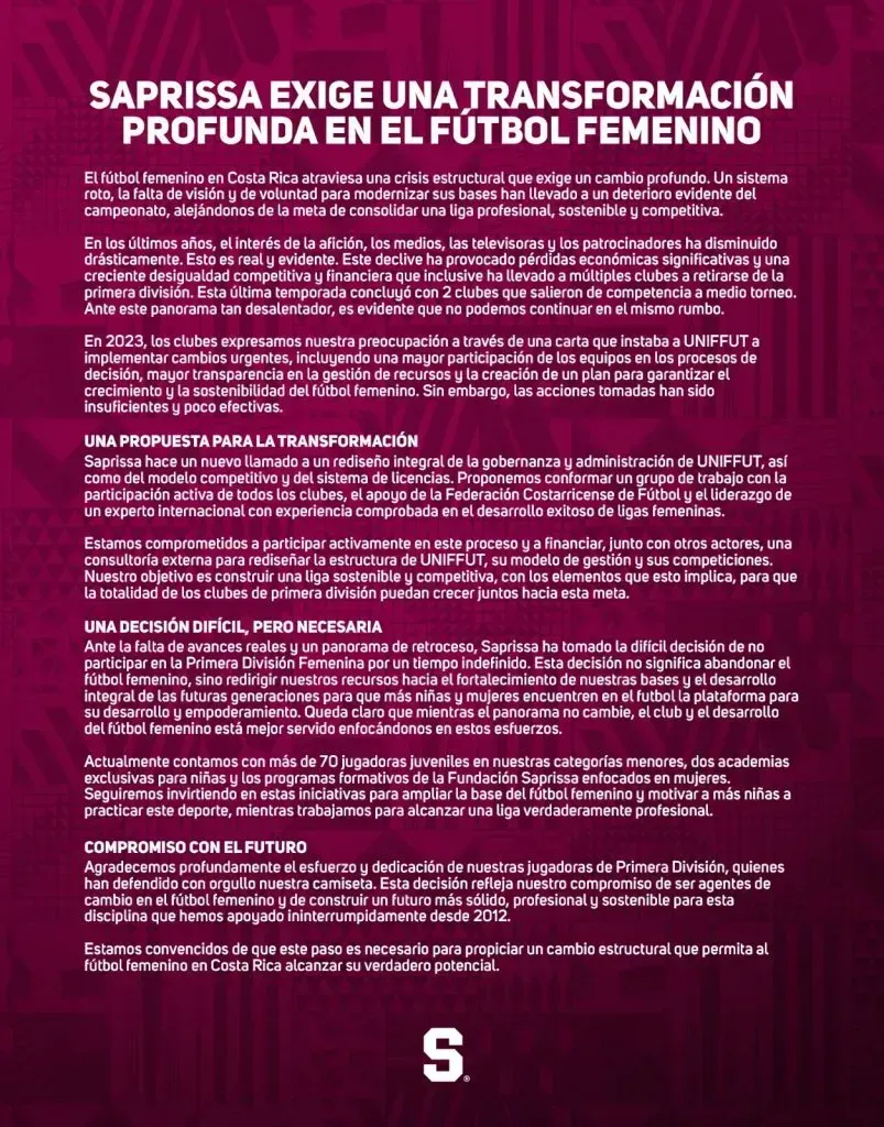 Así fue como Saprissa anunció el retiro de su equipo femenino (Deportivo Saprissa).