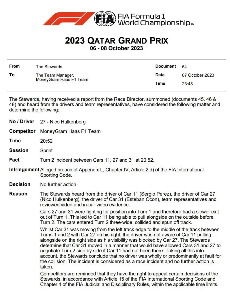 checo perez choque sprint gp de qatar ocon hulkenberg