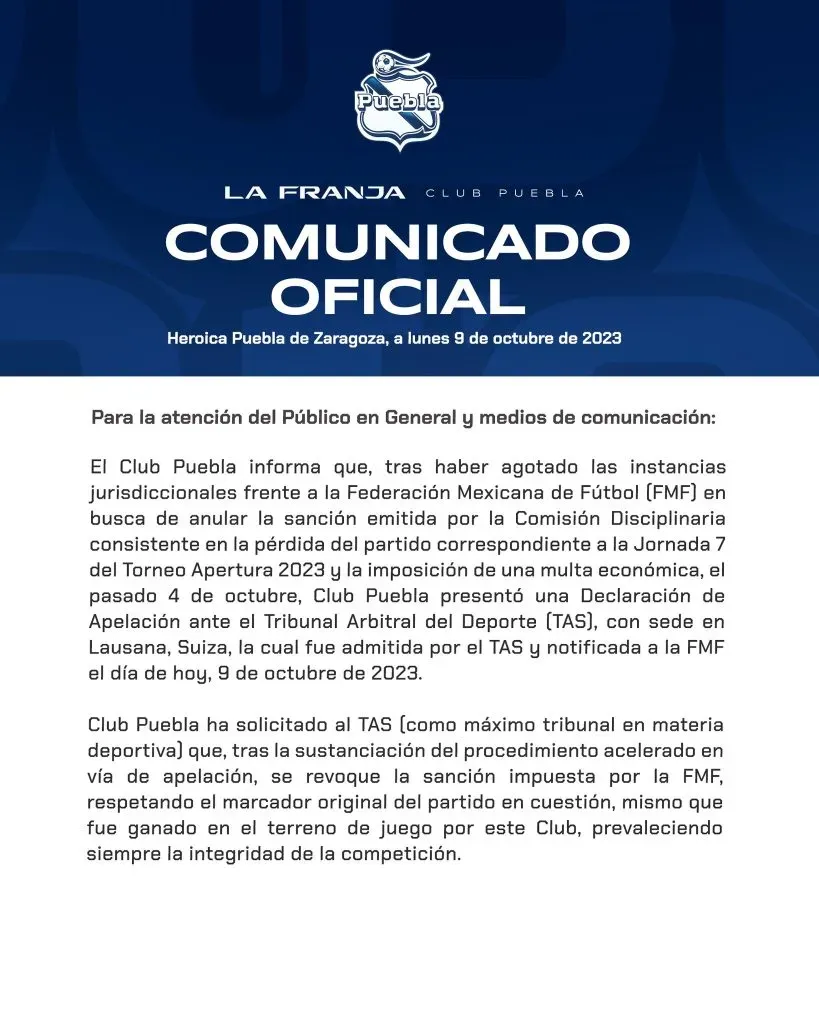 Comunicado del Puebla (Twitter, Puebla)