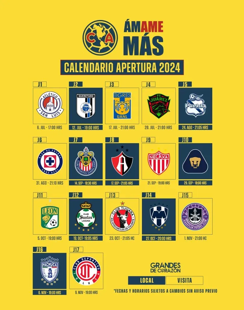 Así luce el calendario del Ame – @ClubAmerica