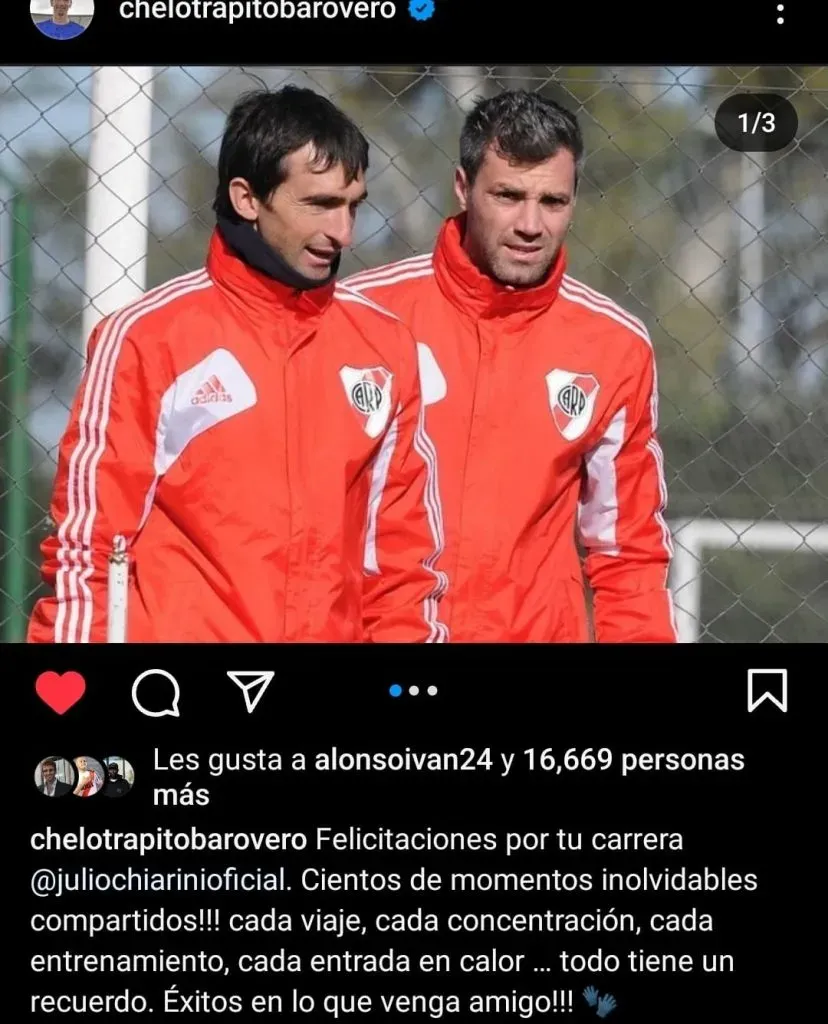 Barovero saludó a Chiarini por su retiro. (Foto: Instagram Barovero).