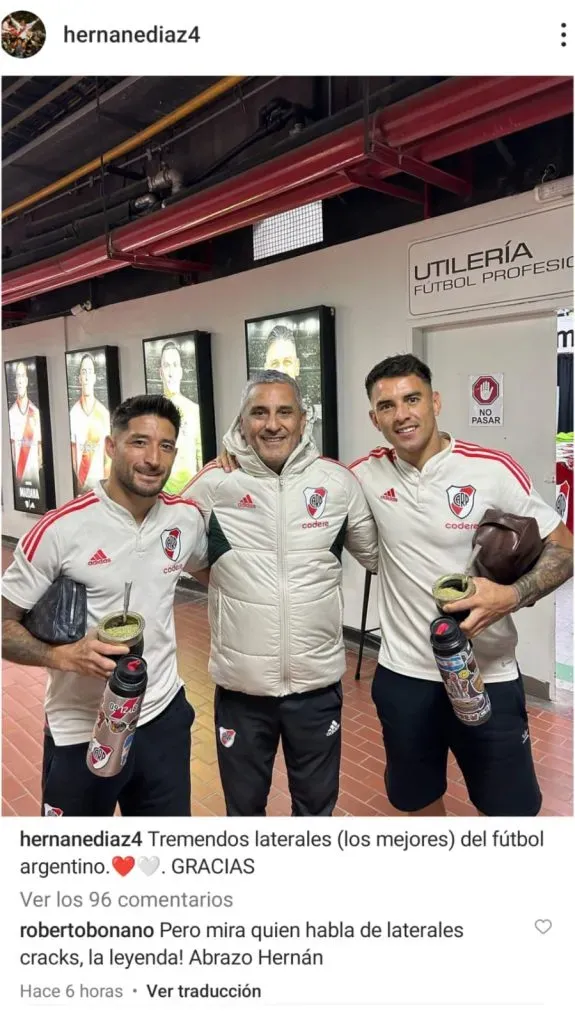 Hernán Díaz destacó a ambos laterales de River. (Foto: Instagram Hernán Díaz).