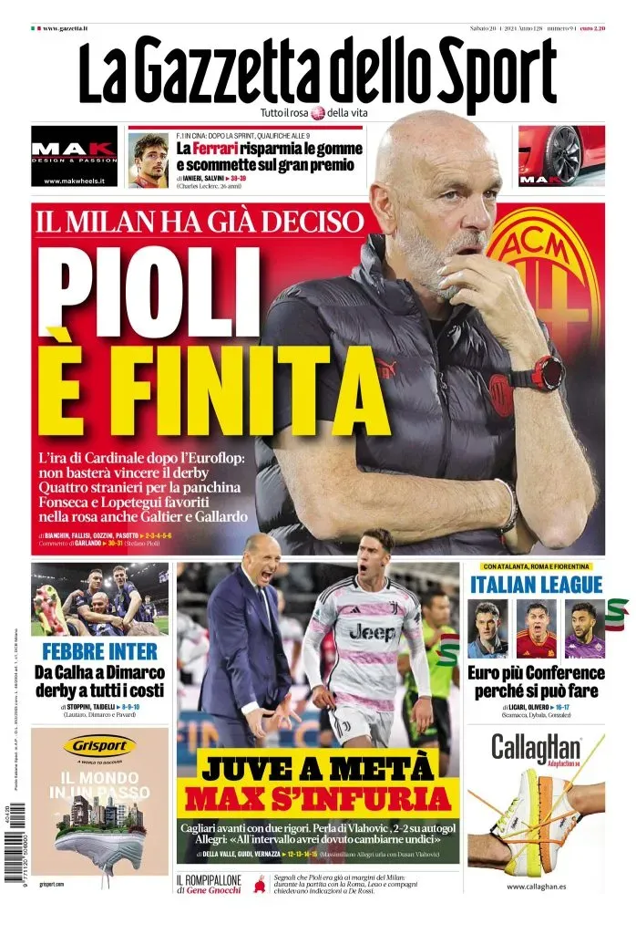 El Muñeco, en la portada de la Gazzetta dello Sport como uno de los candidatos para dirigir al Milan