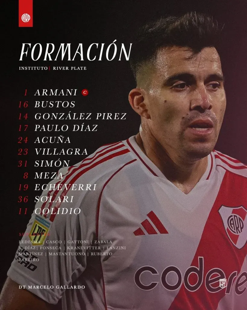 El 11 de River vs. Instituto (Foto Prensa River).