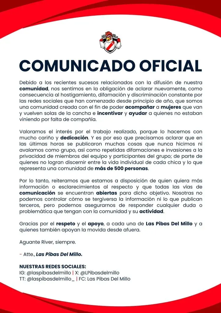 El comunicado de Las Pibas del Millo.