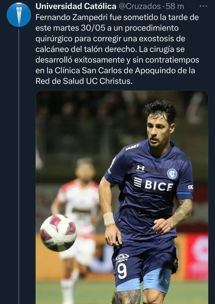 El mensaje de Universidad Católica, informando la situación de Fernando Zampedri. Foto: @Cruzados.