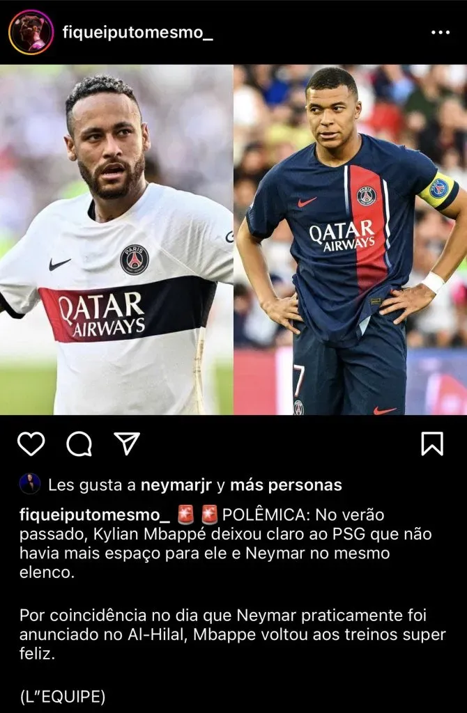 Neymar le dio like a esta publicación y dejó la grande en medio de rumores sobre un quiebre con PSG y Mbappé. Foto: Instagram.