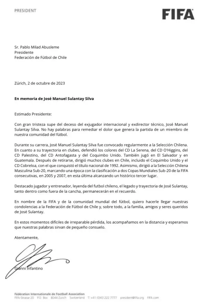 La carta de FIFA a José Sulantay (@MARCOSULANTAY)