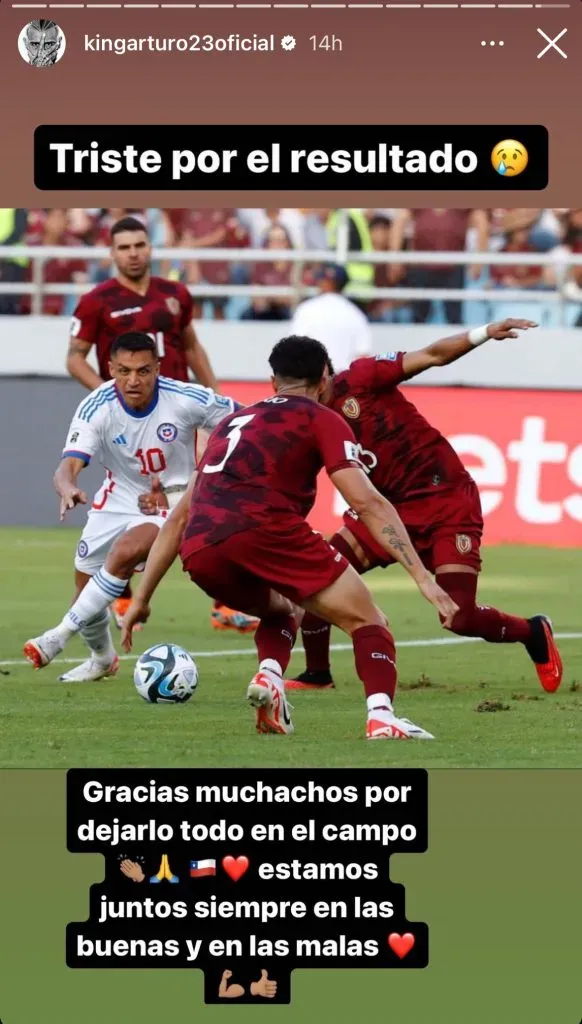 El mensaje de Arturo Vidal tras la goleada de Venezuela a Chile. Foto: Instagram.