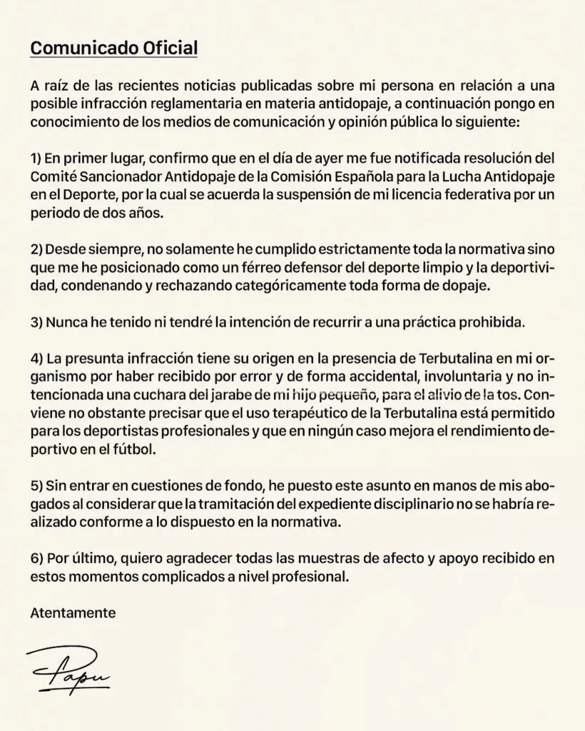 El comunicado de Alejandro Gómez donde descarta su doping. | Foto: Instagram papugomez_official