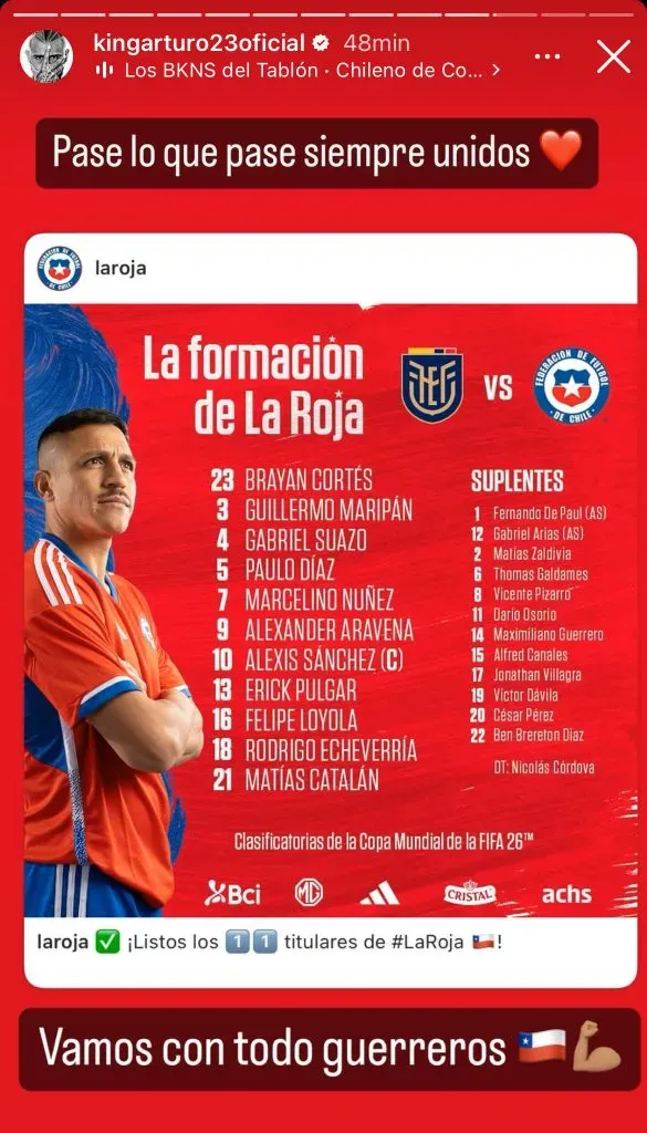 El mensaje de Arturo Vidal al plantel de Chile. Foto: Instagram.