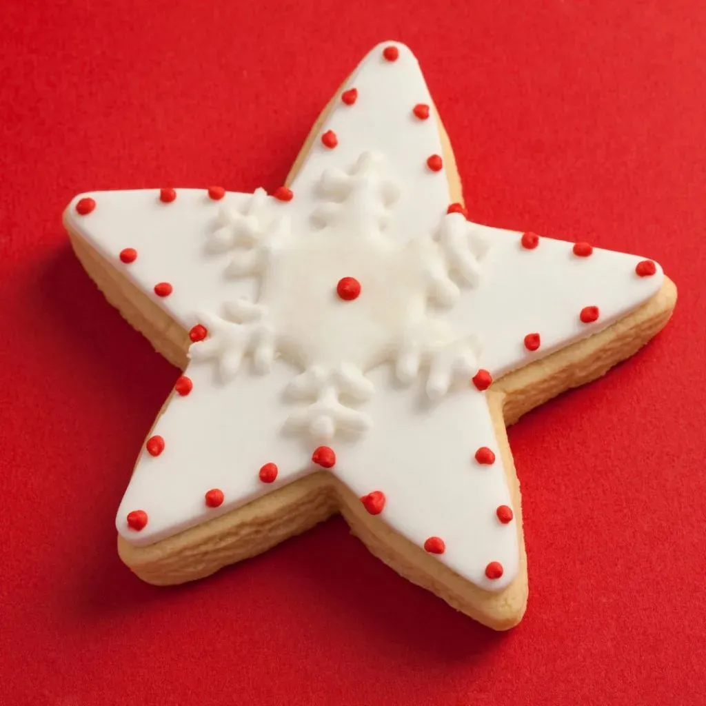 Galleta de árbol de estrella decorada con un glaseado blanco y rojo.