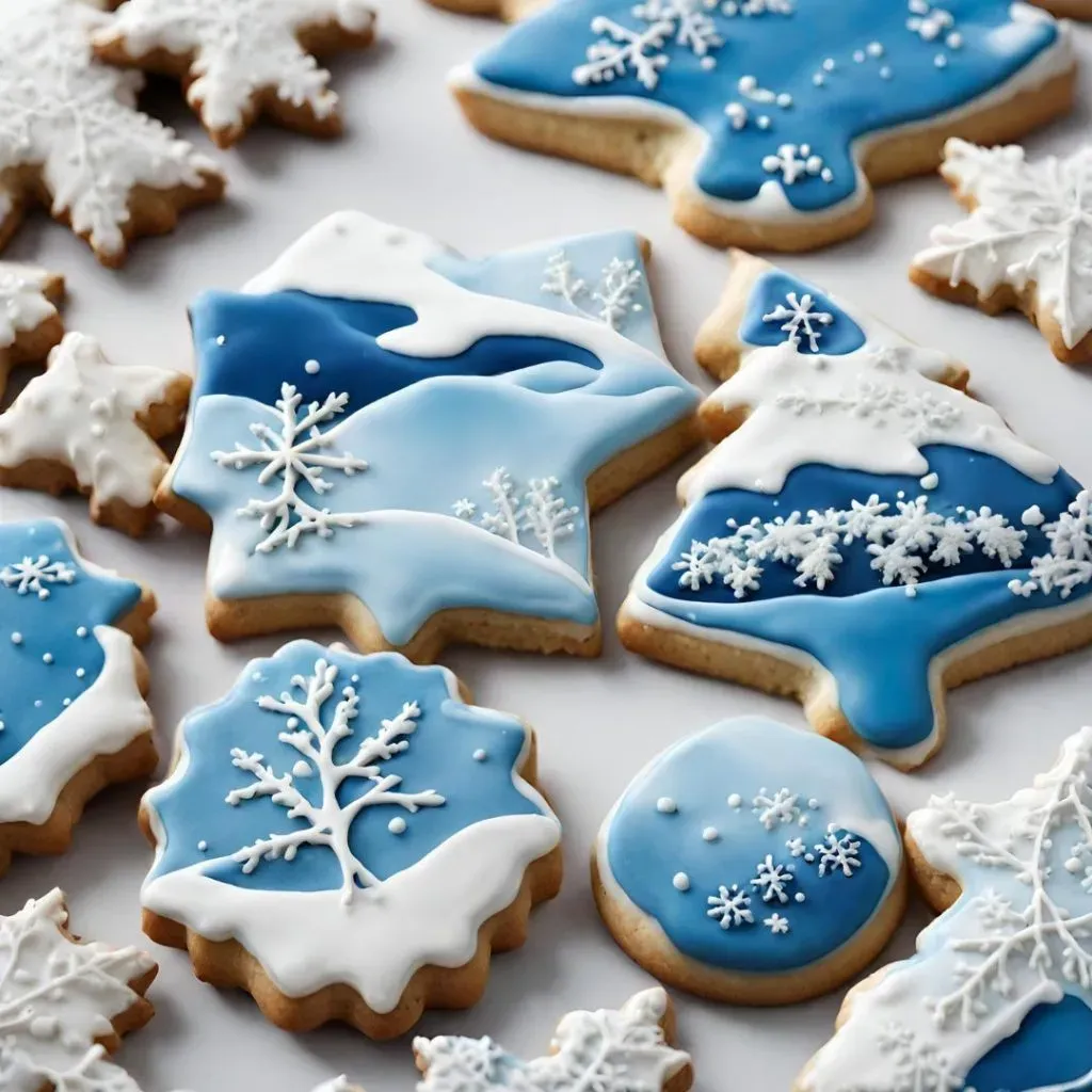 Galletas de paisajes invernales de Navidad decoradas con un glaseado blanco, azul y celeste.