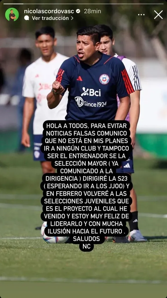 Nicolás Córdova descartó dirigir un club o la selección chilena adulta luego del Preolímpico | Instagram