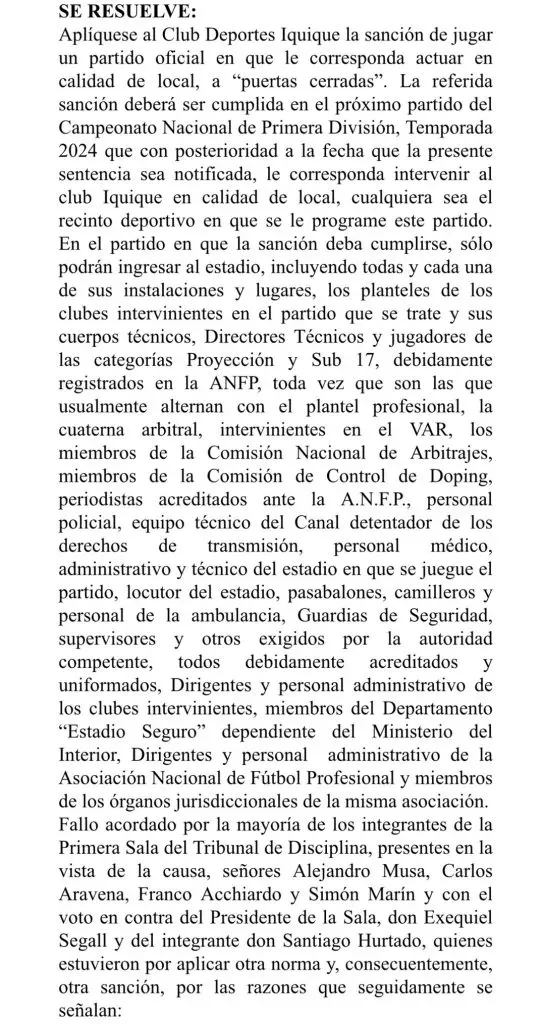 Fallo del Tribunal de Disciplina contra Iquique (ANFP)